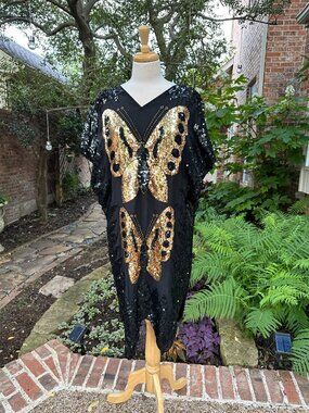 Vintage Iris 80s Black Gold Sequins Butterfly Cocktail Midi Dress L/XL